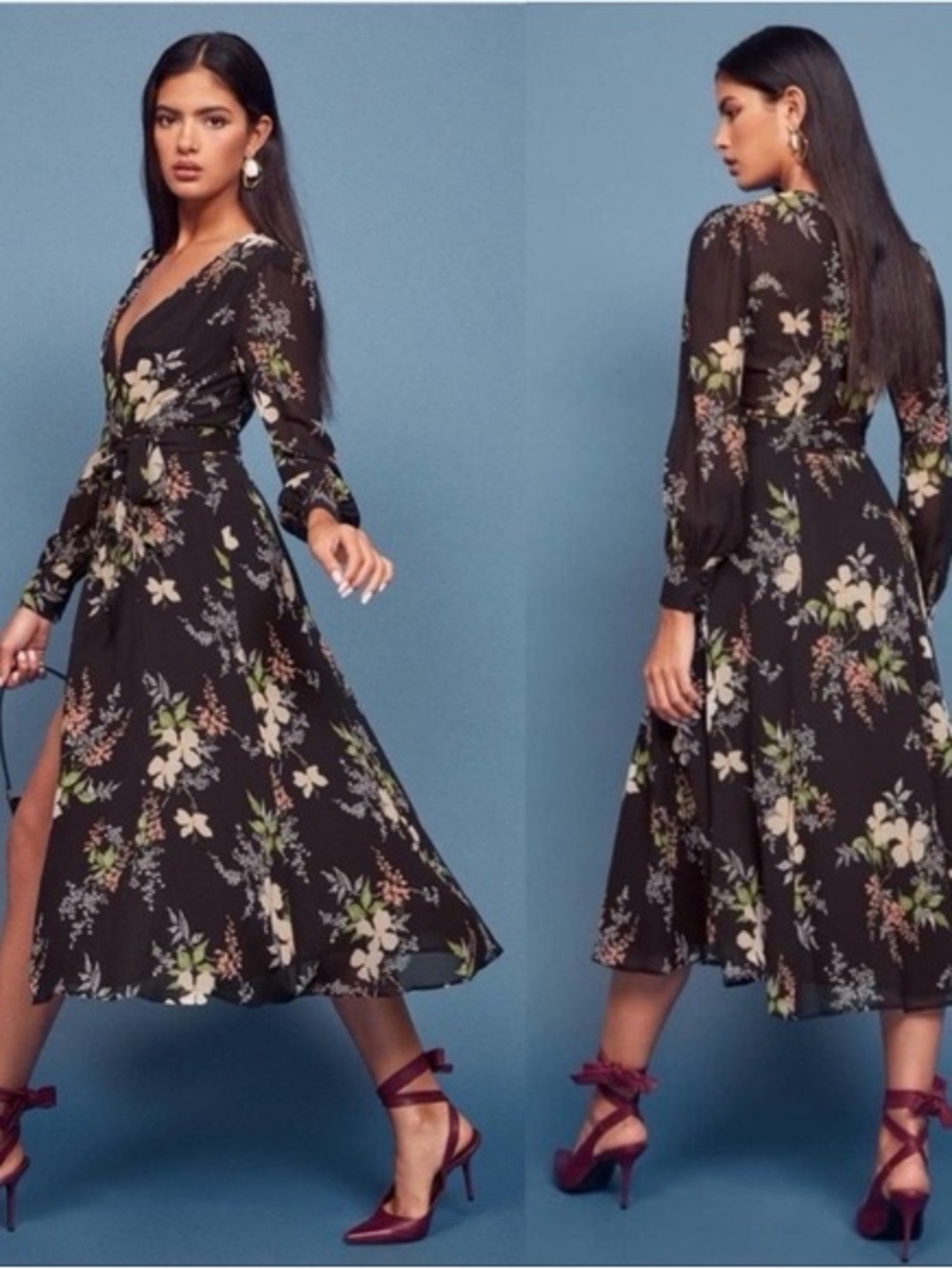 Reformation Black Floral Wrap Maxi Dress with Cream & Green Accents
